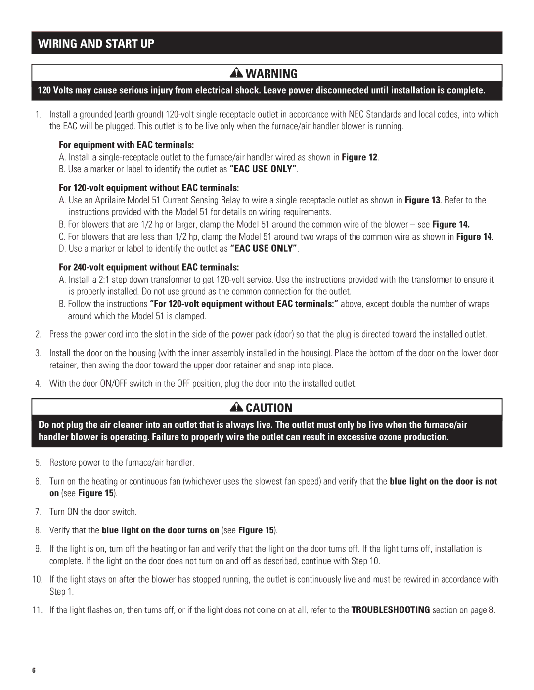 Aprilaire 5000 installation instructions Wiring and Start UP, For equipment with EAC terminals 