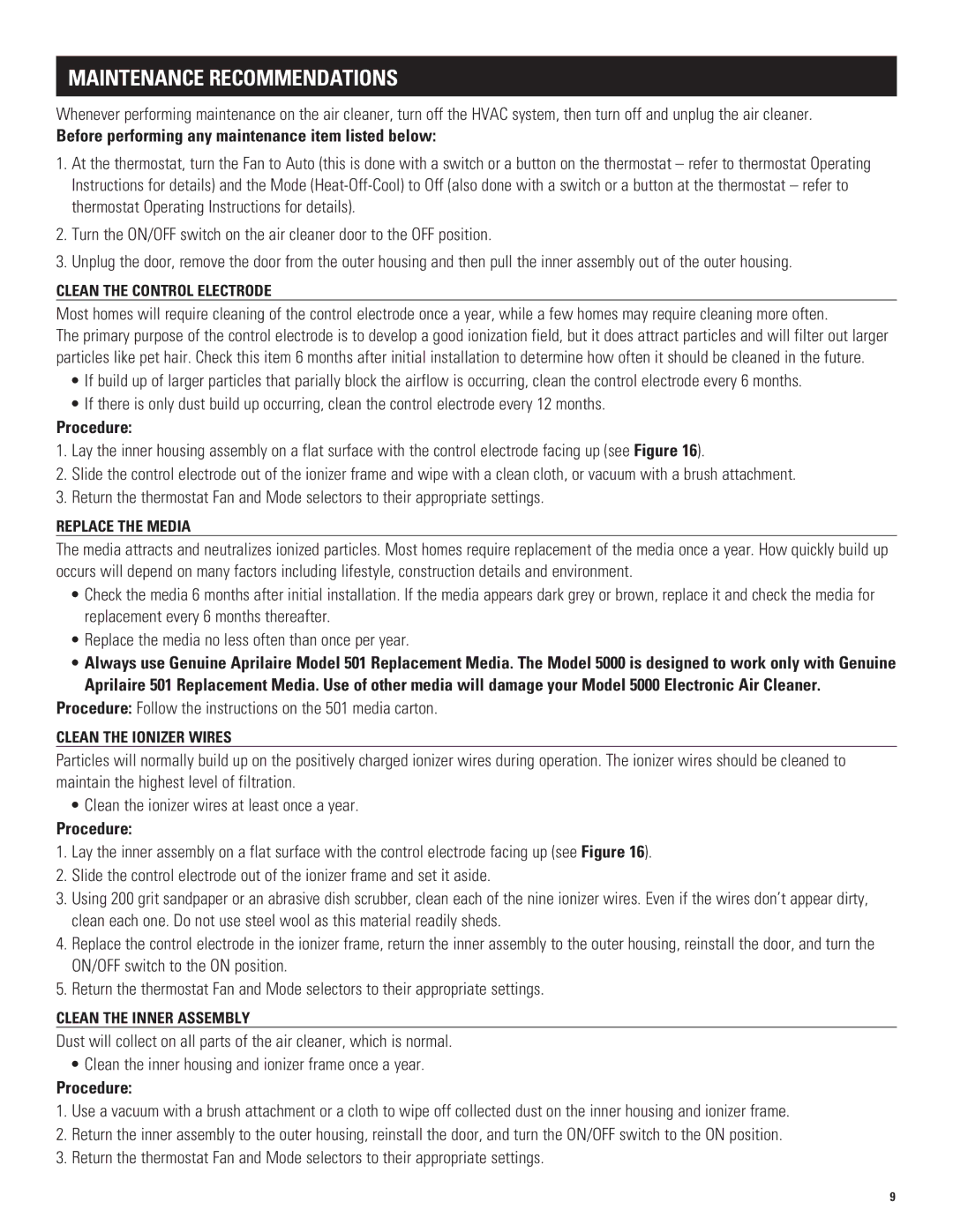 Aprilaire 5000 Maintenance Recommendations, Procedure Follow the instructions on the 501 media carton 