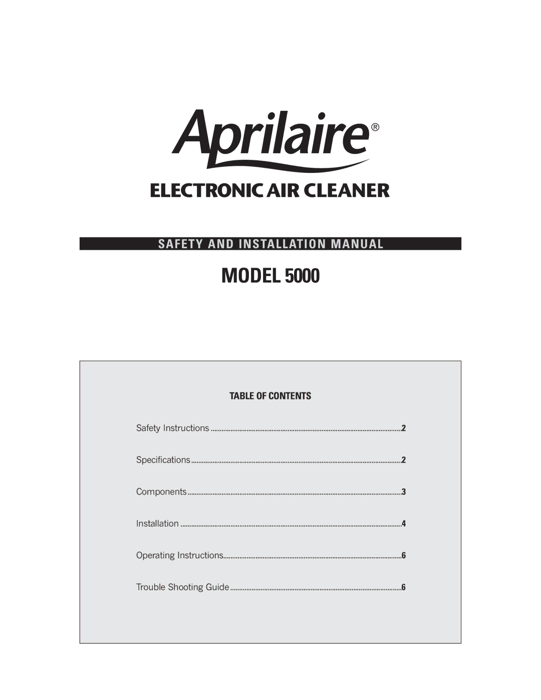 Aprilaire 5000 installation manual Model, Safety and Installation Manual 