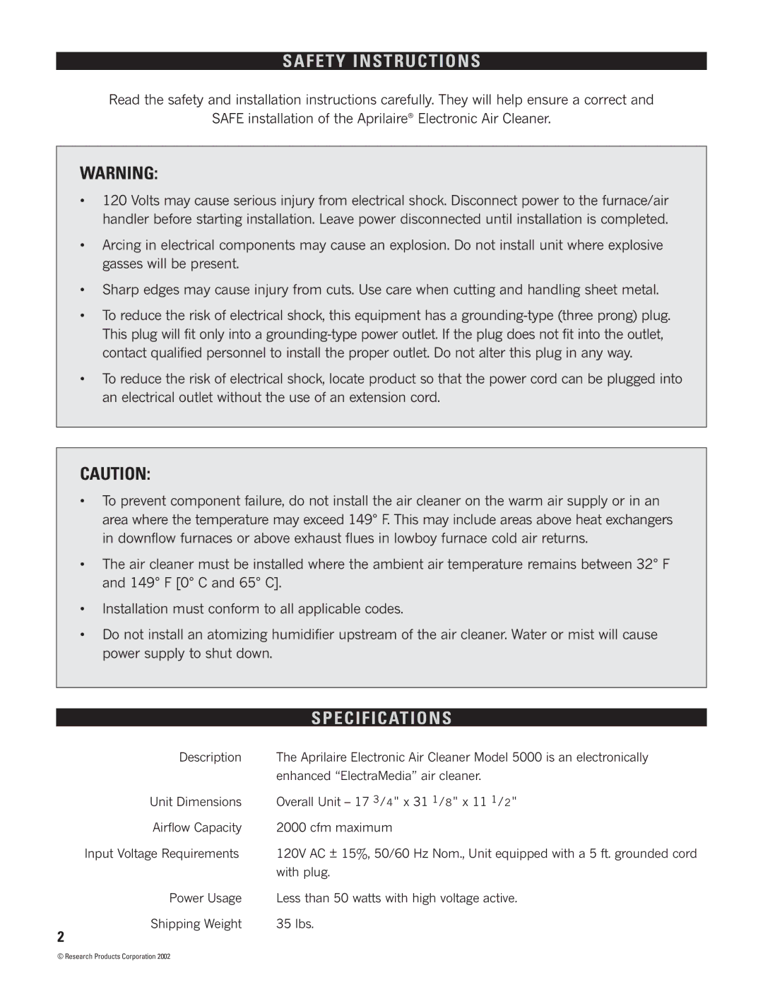 Aprilaire 5000 installation manual Safety Instructions, Specifications 