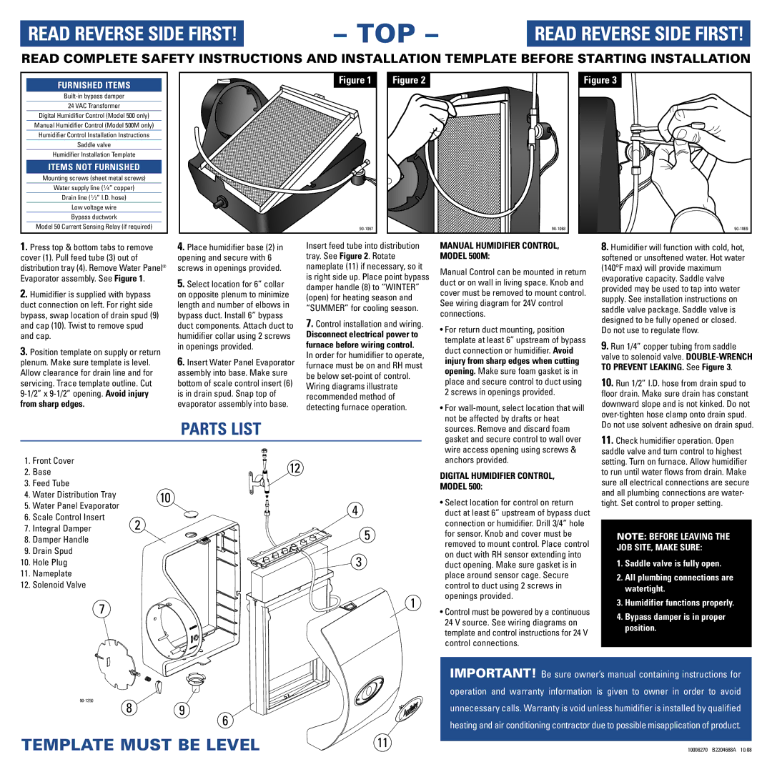 Aprilaire 500M specifications Furnished Items, Items not Furnished, JOB SITE, Make Sure 