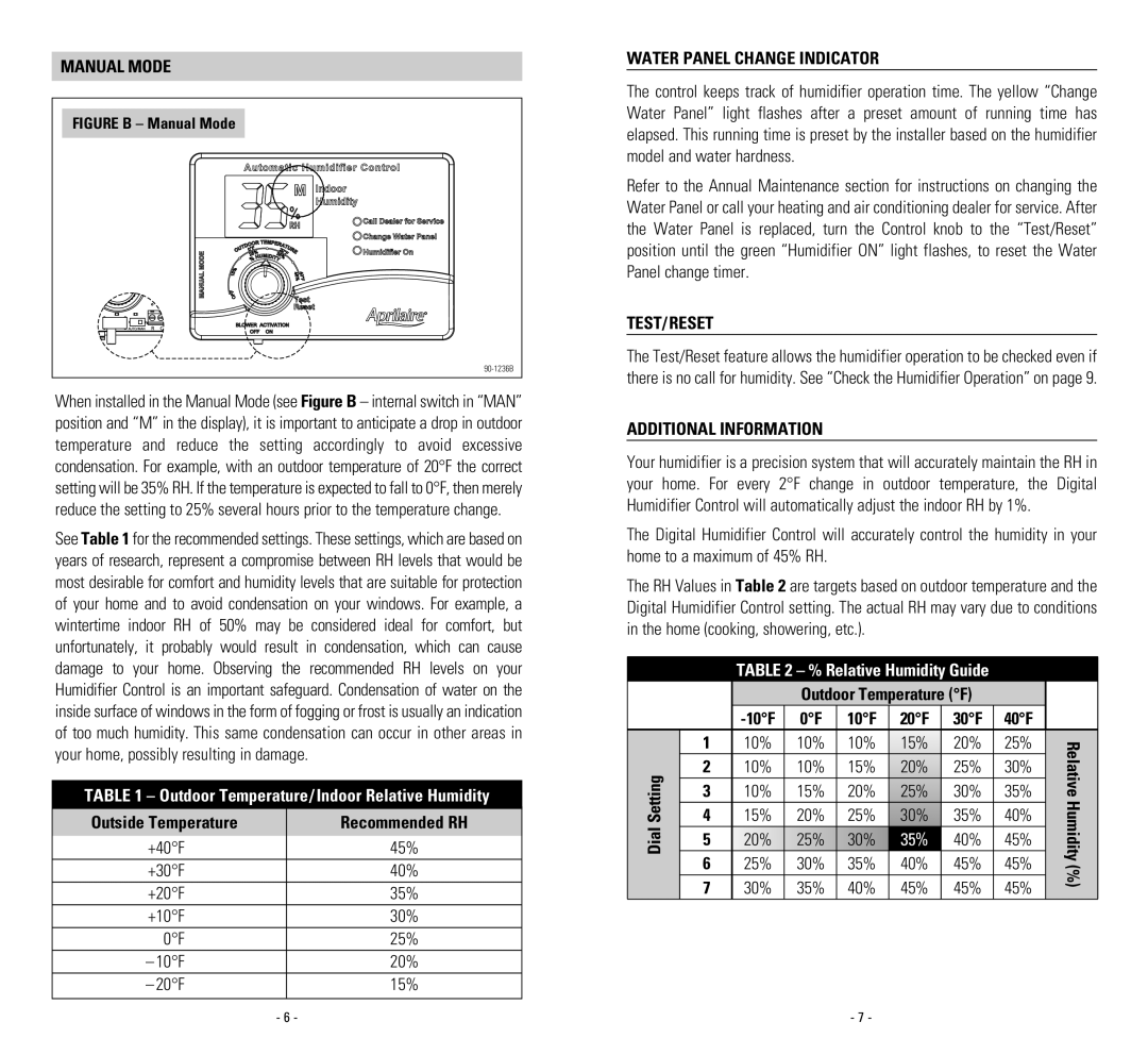 Aprilaire 600M, 500M owner manual Manual Mode, Water Panel Change Indicator, Test/Reset, Additional Information 