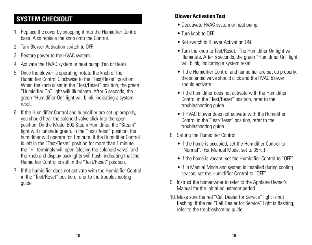 Aprilaire 60 & 62 installation instructions System Checkout, Blower Activation Test, Setting the Humidifier Control 