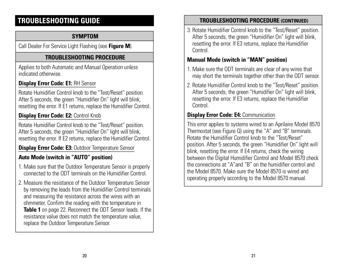 Aprilaire 60 & 62 installation instructions Troubleshooting Guide 