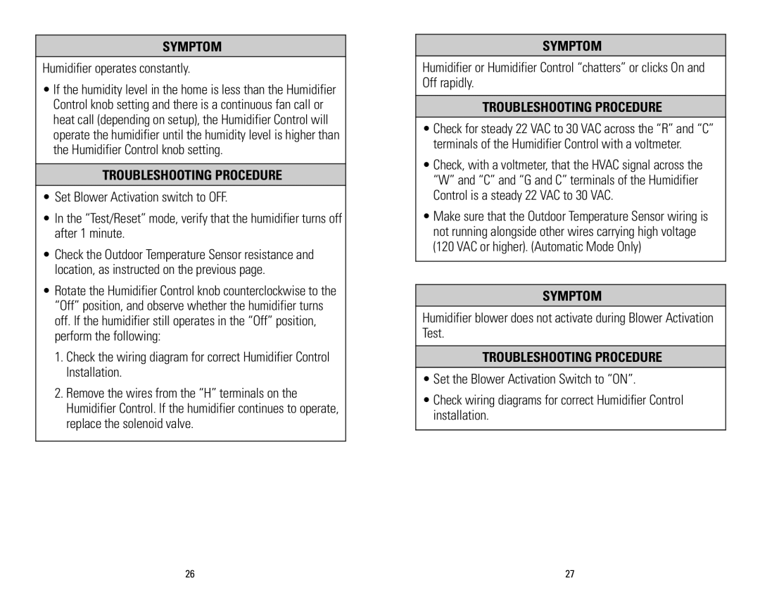 Aprilaire 60 & 62 installation instructions Humidifier operates constantly 