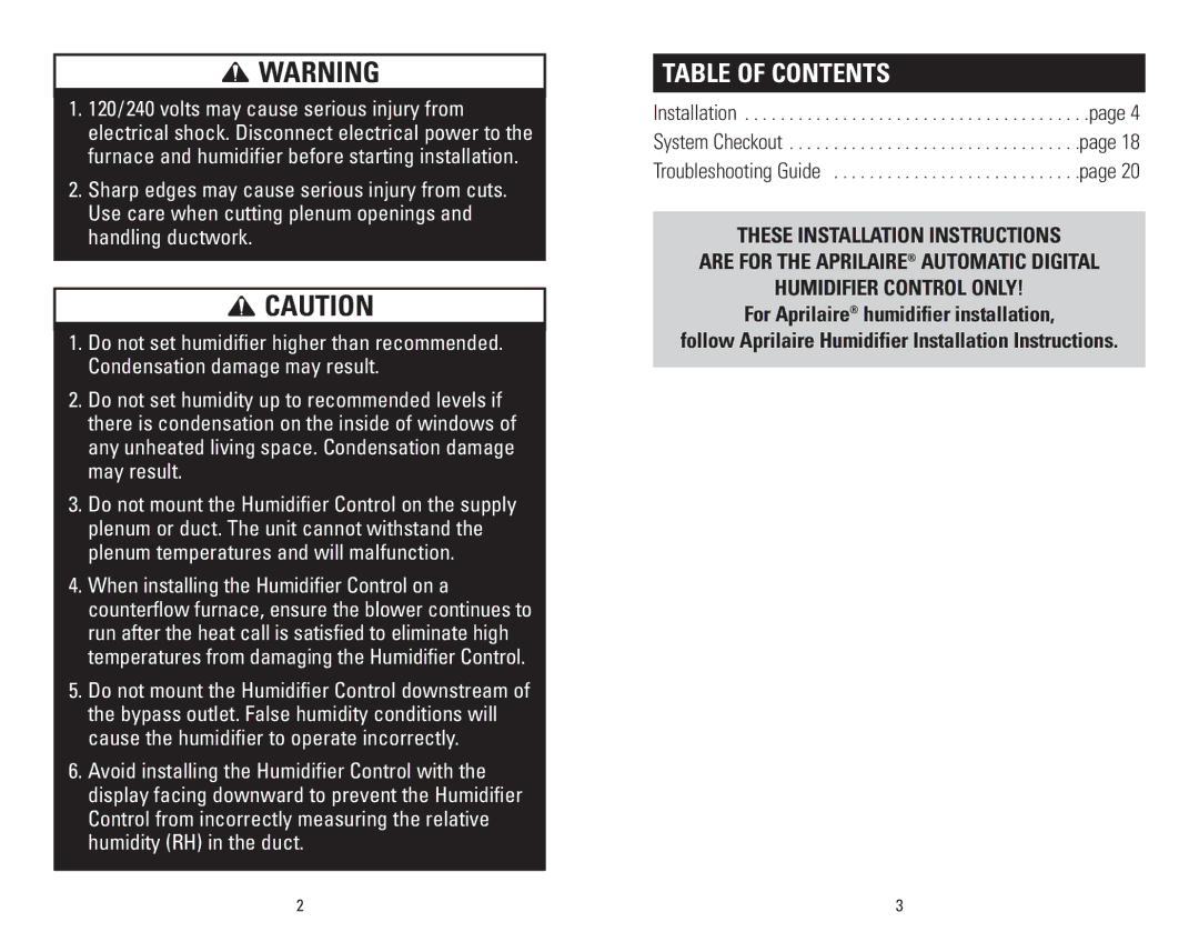 Aprilaire 60 & 62 installation instructions Table of Contents 