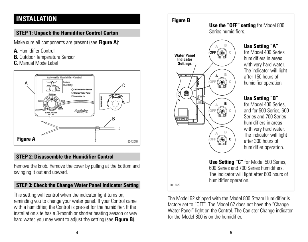 Aprilaire 60 & 62 Installation, Unpack the Humidifier Control Carton, Disassemble the Humidifier Control 