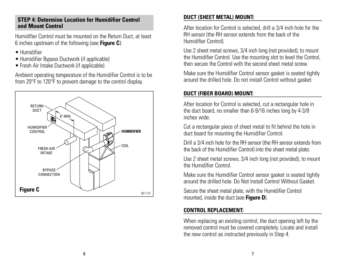 Aprilaire 60 & 62 installation instructions Determine Location for Humidifier Control and Mount Control, Figure C 