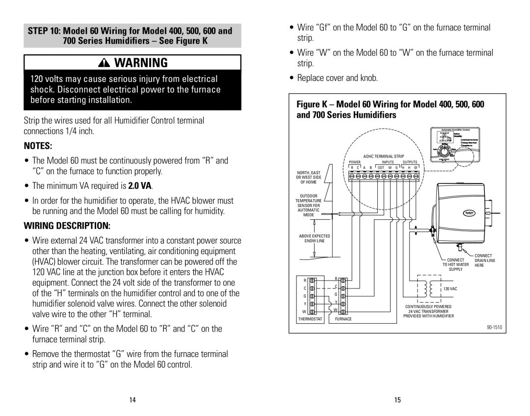 Aprilaire 60 & 62 installation instructions Minimum VA required is 2.0 VA, Wiring Description 