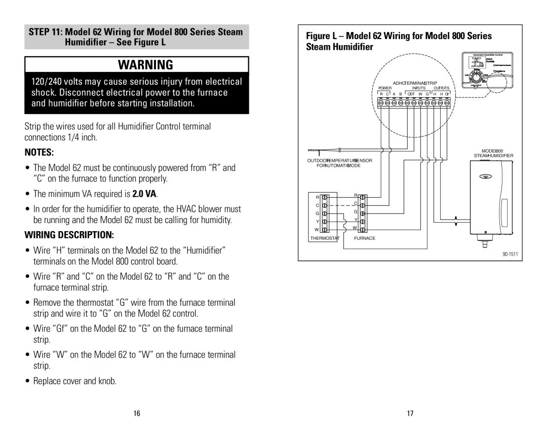 Aprilaire 60 & 62 installation instructions 90-1511 