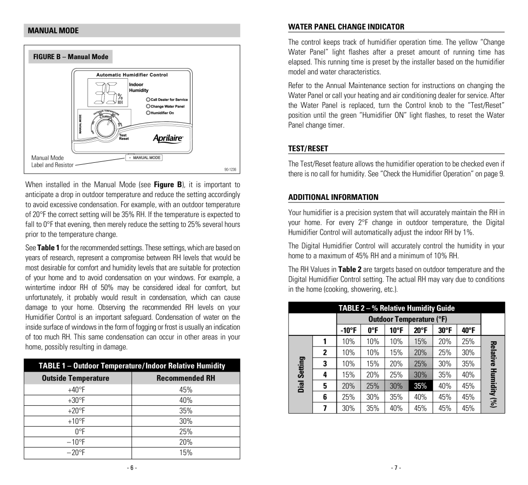 Aprilaire 600, 400M owner manual Manual Mode, Water Panel Change Indicator, Test/Reset, Additional Information 