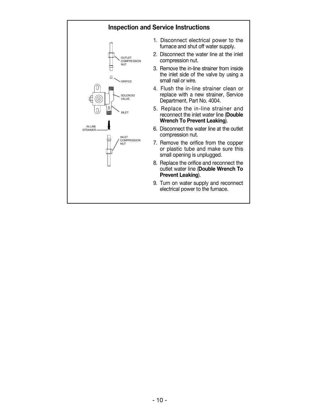 Aprilaire 600 &700 owner manual Inspection and Service Instructions, Compression nut 