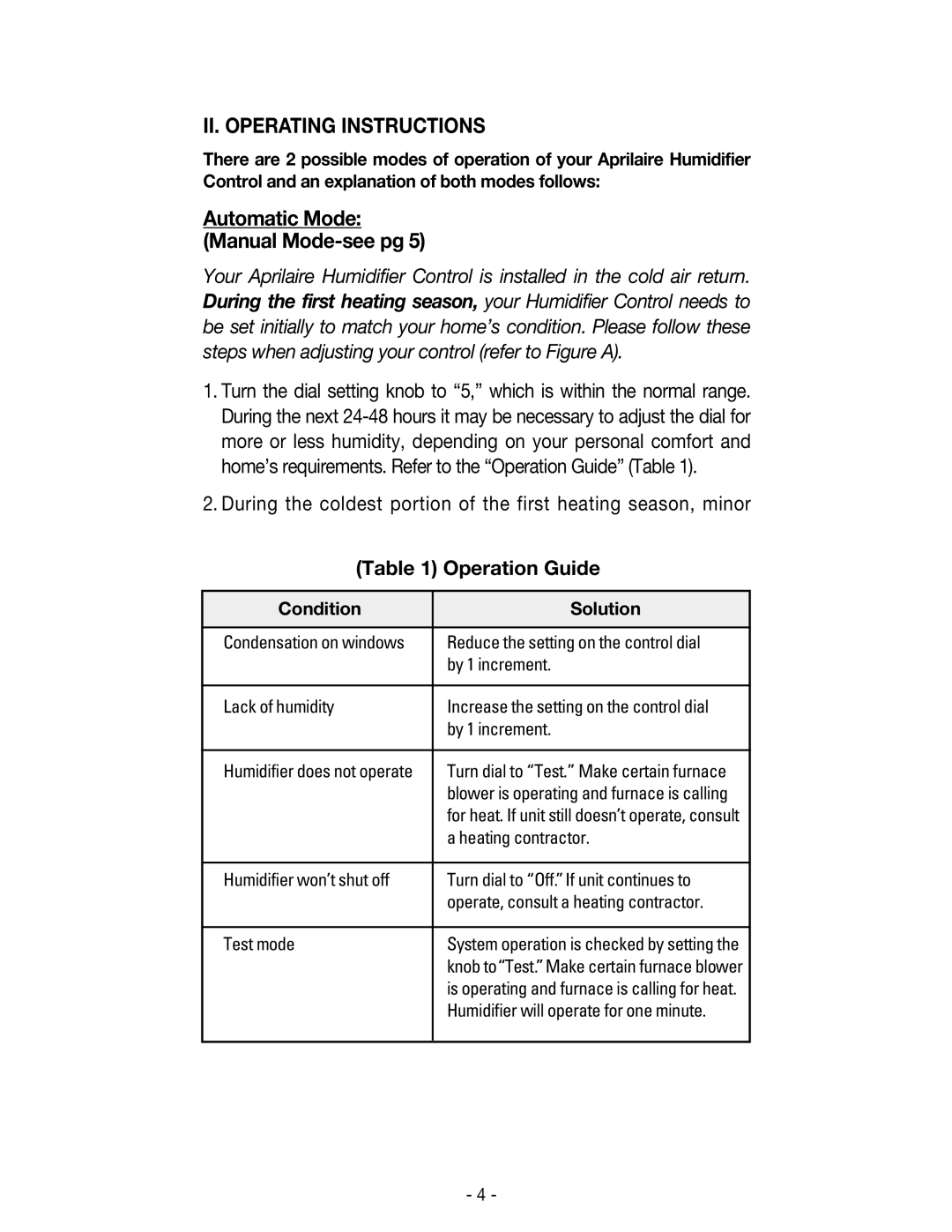 Aprilaire 600 &700 owner manual Automatic Mode Manual Mode-see pg, Operation Guide 