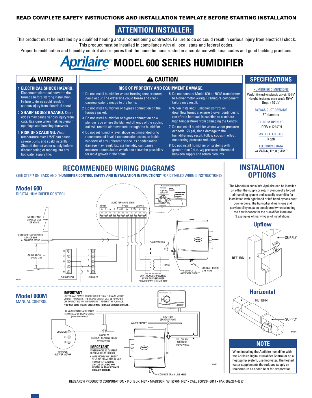 Aprilaire 600M specifications Recommended Wiring Diagrams, Installation Options 