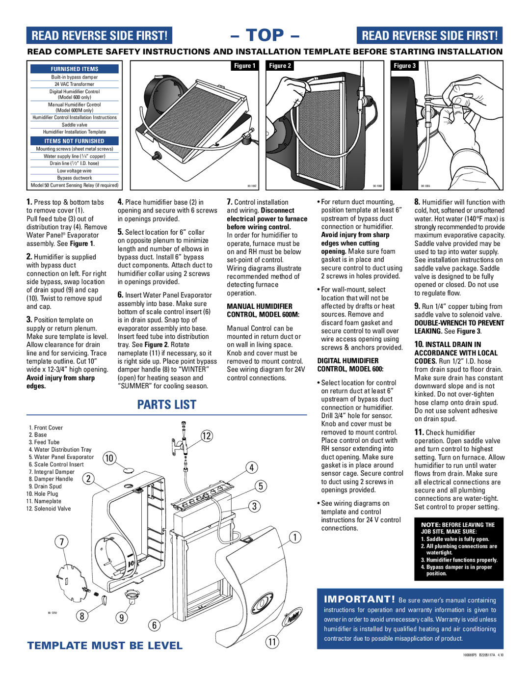 Aprilaire 600M specifications Parts List 