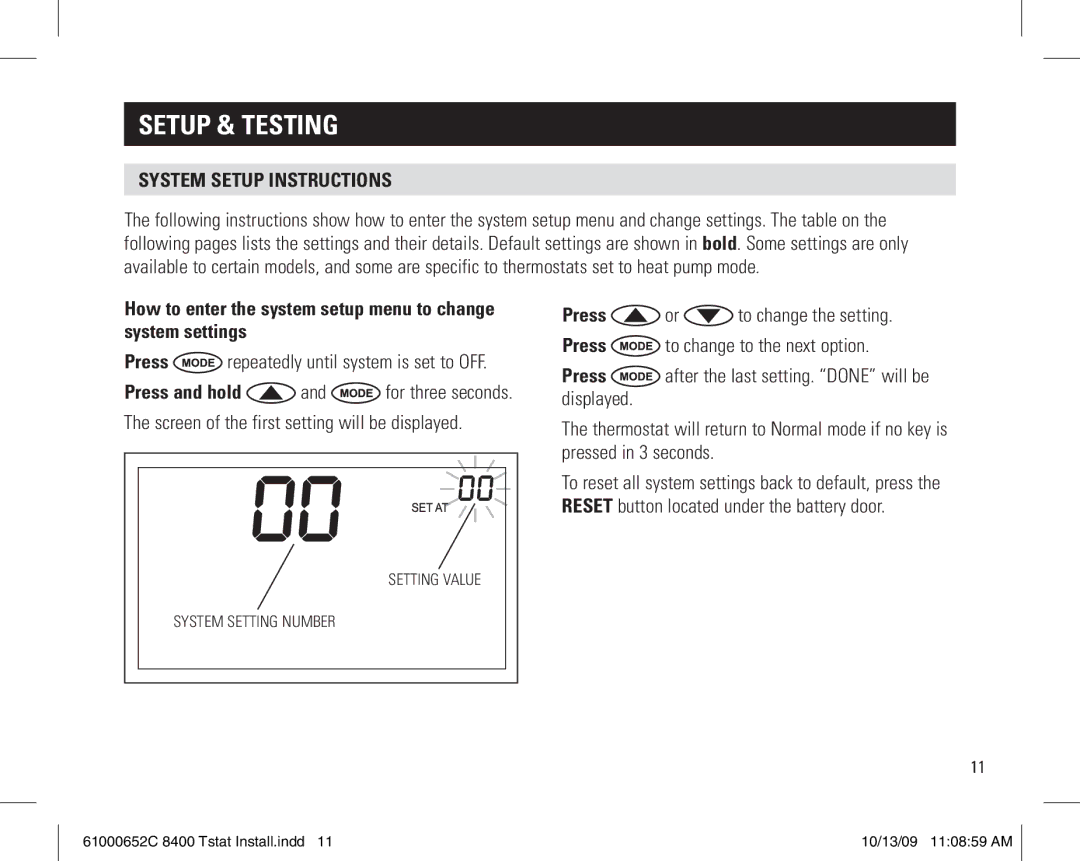 Aprilaire 61000652C 8400 Tstat installation instructions Setup & Testing, System setup instructions 