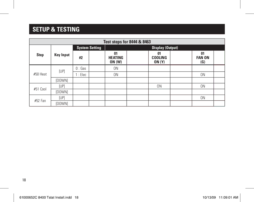 Aprilaire 61000652C 8400 Tstat installation instructions Test steps for 8444, System Setting Display Output 