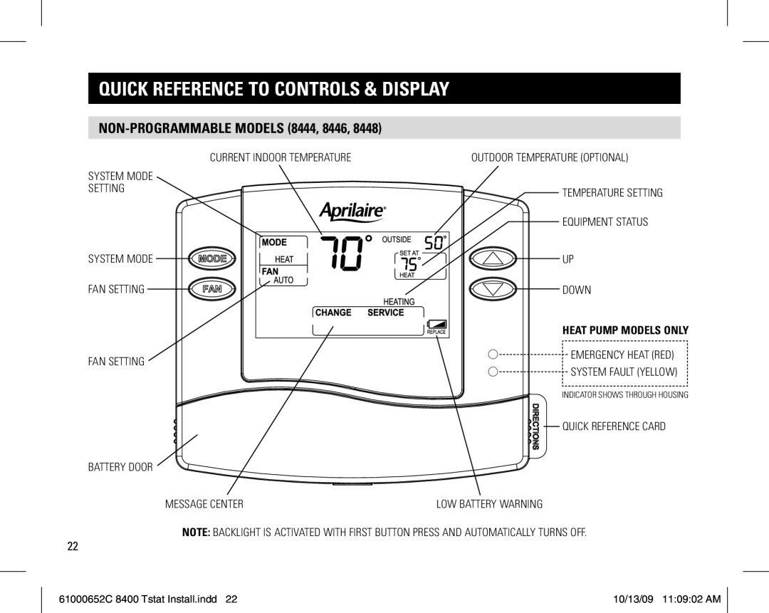 Aprilaire 61000652C 8400 Tstat Quick Reference to controls & Display, Non-Programmable models 8444, 8446 