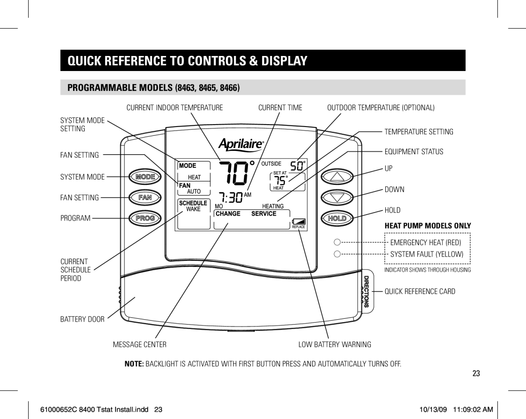 Aprilaire 61000652C 8400 Tstat installation instructions Programmable models 8463, 8465 