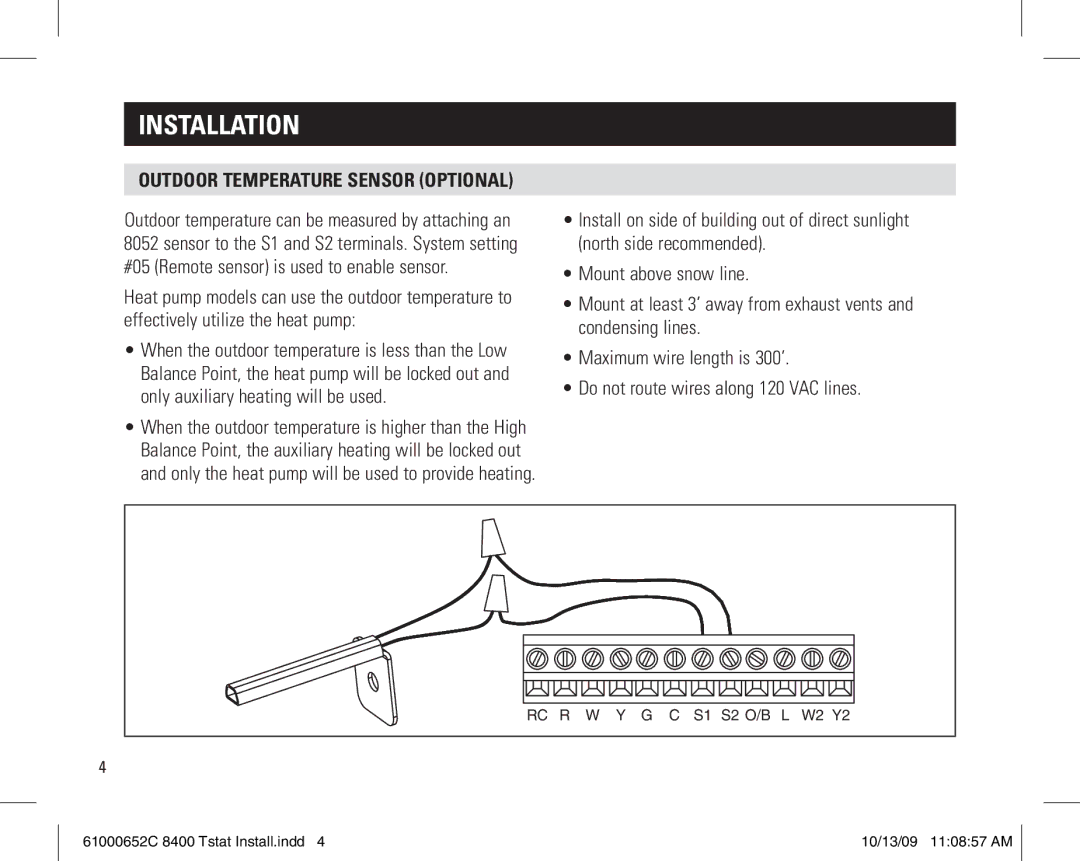 Aprilaire 61000652C 8400 Tstat installation instructions Outdoor temperature sensor optional 