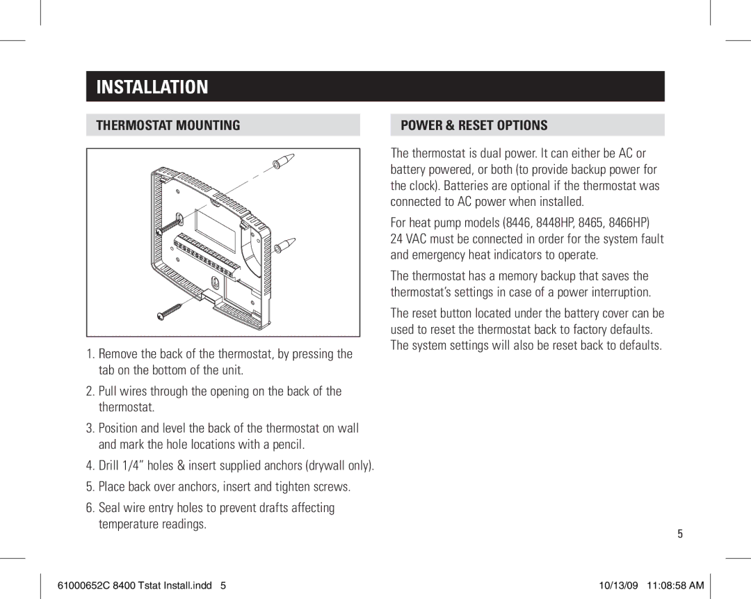 Aprilaire 61000652C 8400 Tstat Thermostat mounting Power & Reset options, For heat pump models 8446, 8448HP, 8465, 8466HP 