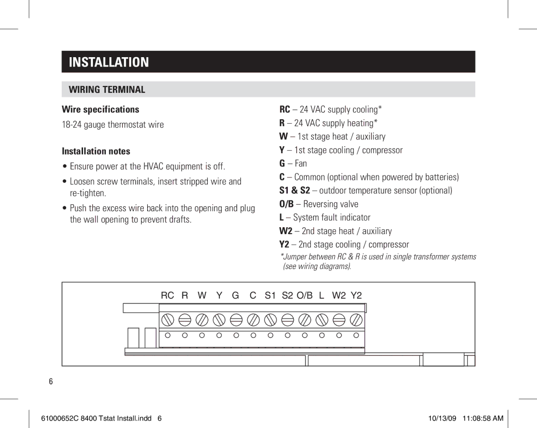 Aprilaire 61000652C 8400 Tstat installation instructions Wiring terminal Wire specifications, Installation notes 