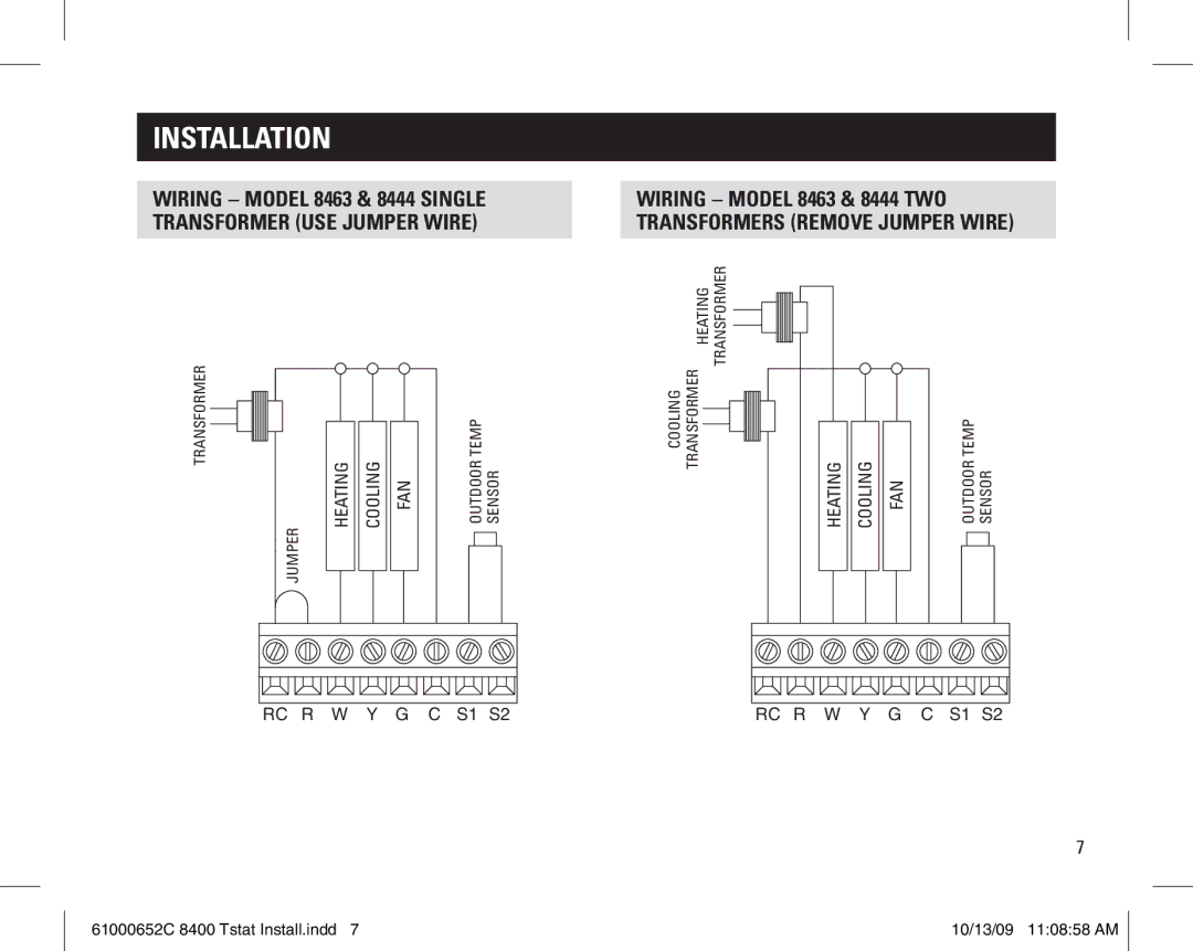 Aprilaire 61000652C 8400 Tstat installation instructions Wiring Model 8463 & 8444 Two Transformers Remove Jumper Wire 