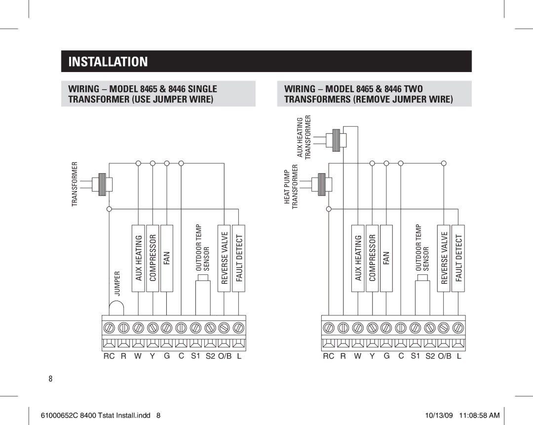 Aprilaire 61000652C 8400 Tstat installation instructions Wiring Model 8465 & 8446 Two Transformers Remove Jumper Wire 