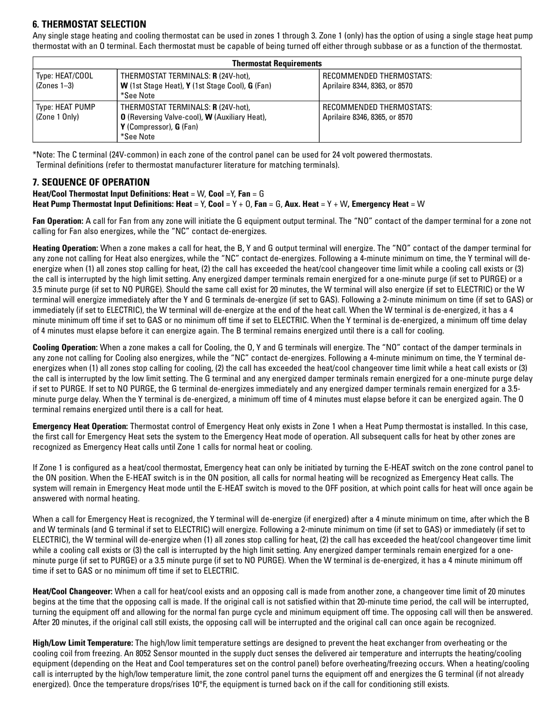 Aprilaire 6303 installation instructions Thermostat Selection, Sequence of Operation, Thermostat Requirements 