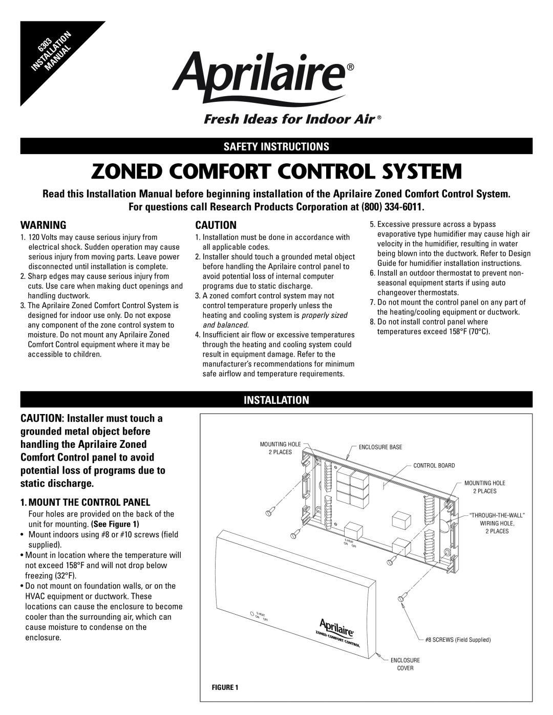 Aprilaire 6303 installation instructions Mount The Control Panel, Zoned Comfort Control System, Safety Instructions 