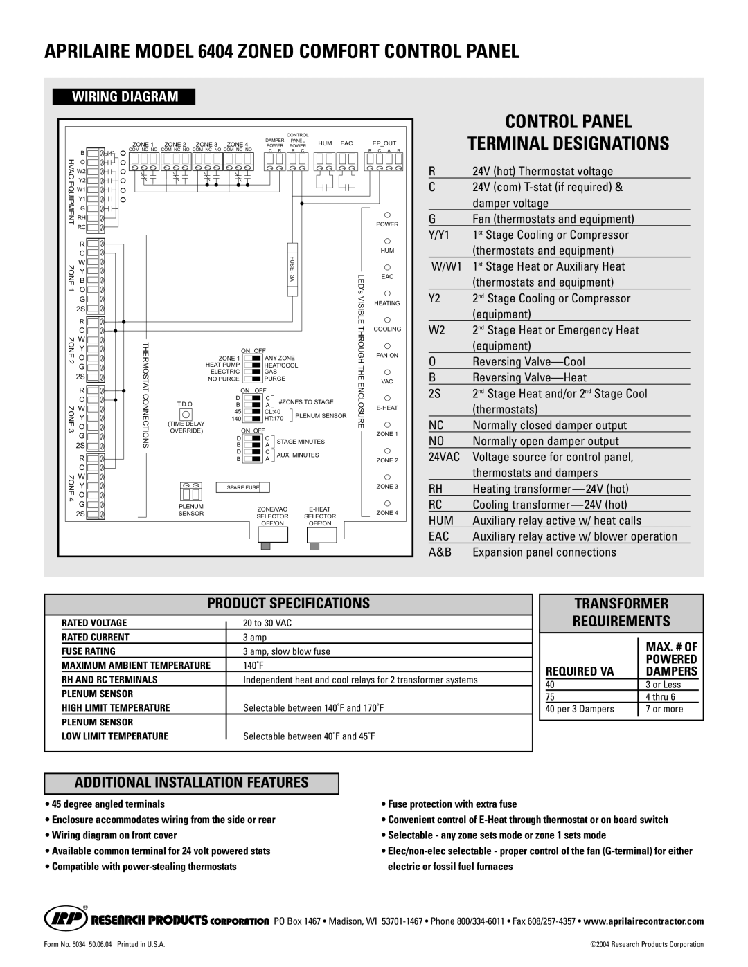 Aprilaire 6404 manual Product Specifications, Transformer Requirements, Additional Installation Features 