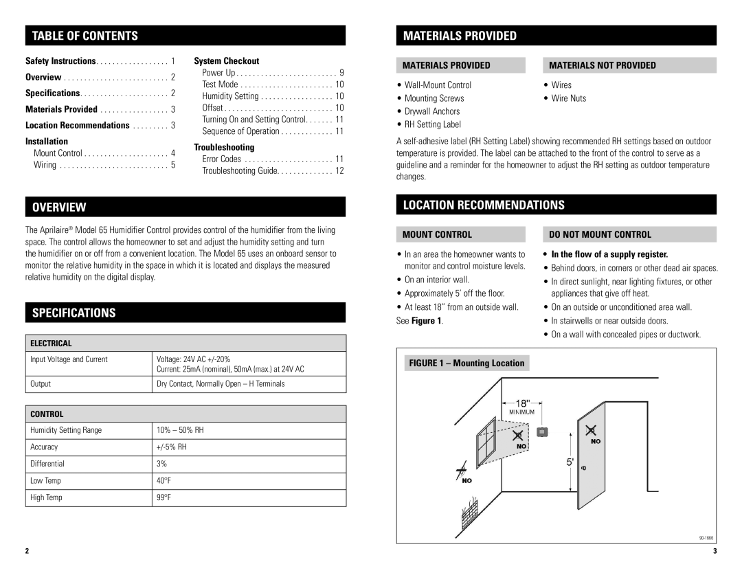 Aprilaire 65 installation instructions Materials Provided, Overview Location Recommendations, Specifications 