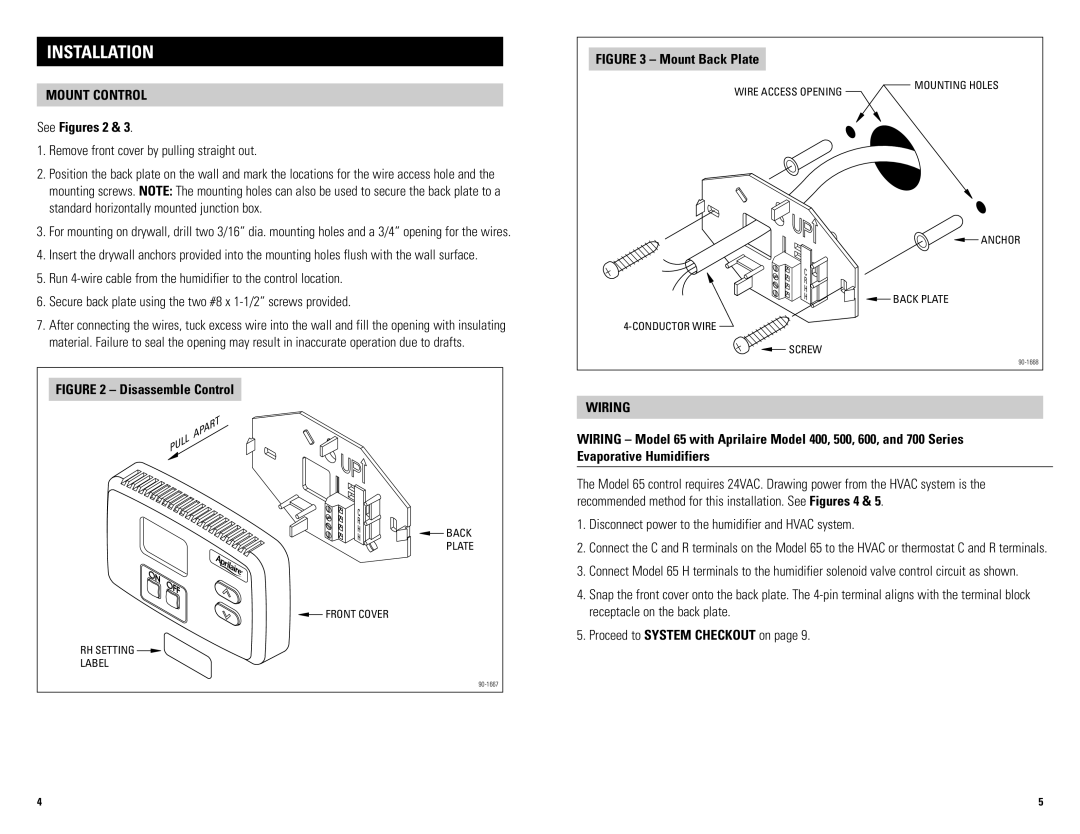 Aprilaire 65 installation instructions Installation, See Figures 2, Remove front cover by pulling straight out, Wiring 