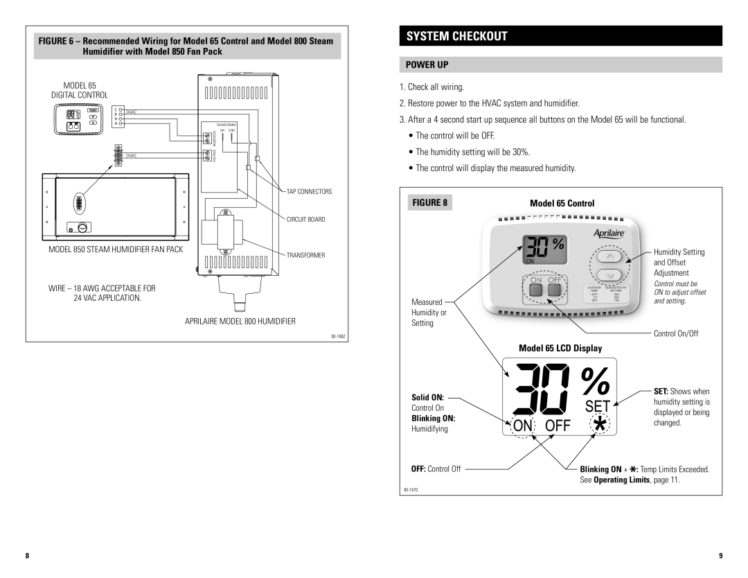 Aprilaire installation instructions System Checkout, Power UP, Model 65 LCD Display 