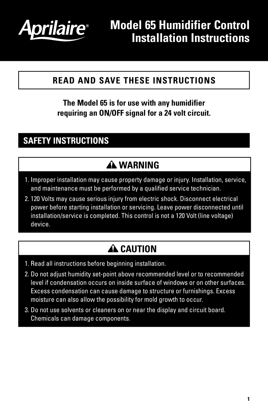 Aprilaire installation instructions Safety Instructions, Model 65 Humidifier Control, Installation Instructions 