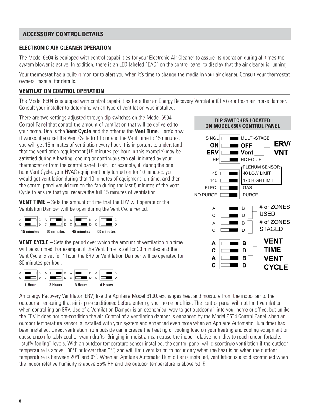 Aprilaire 6504 owner manual Accessory Control Details, Electronic AIR Cleaner Operation, Ventilation Control Operation 