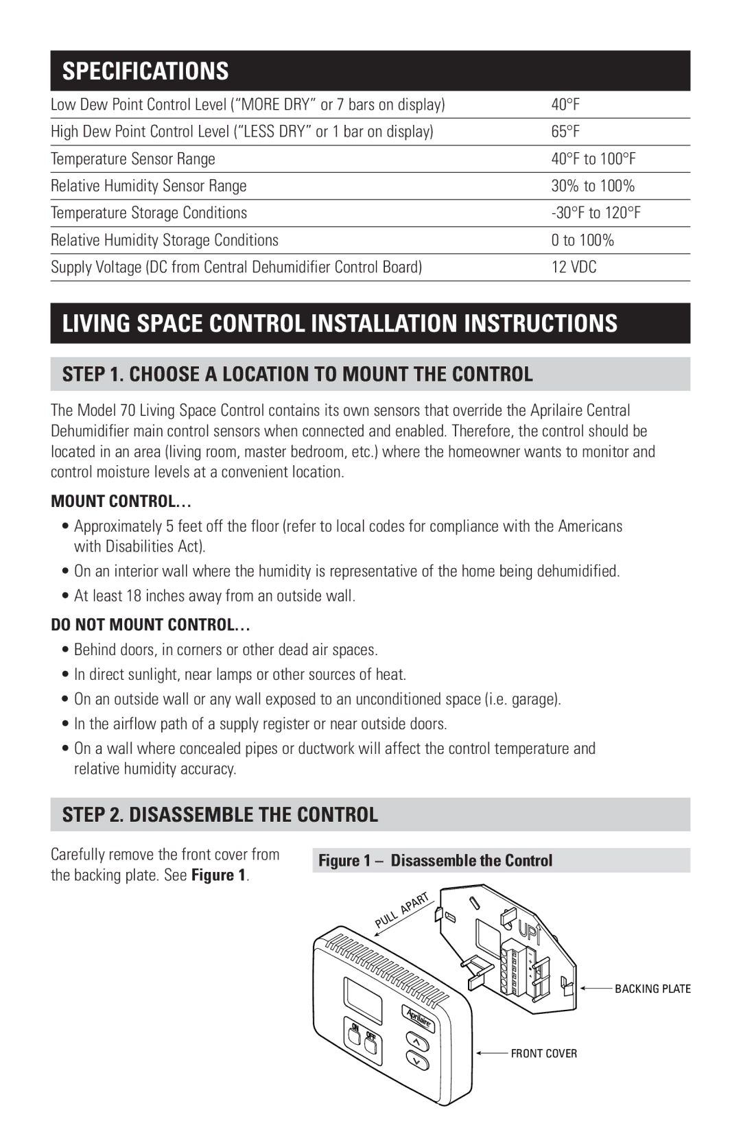 Aprilaire 70 installation manual Choose a Location to Mount the Control, Disassemble the Control 