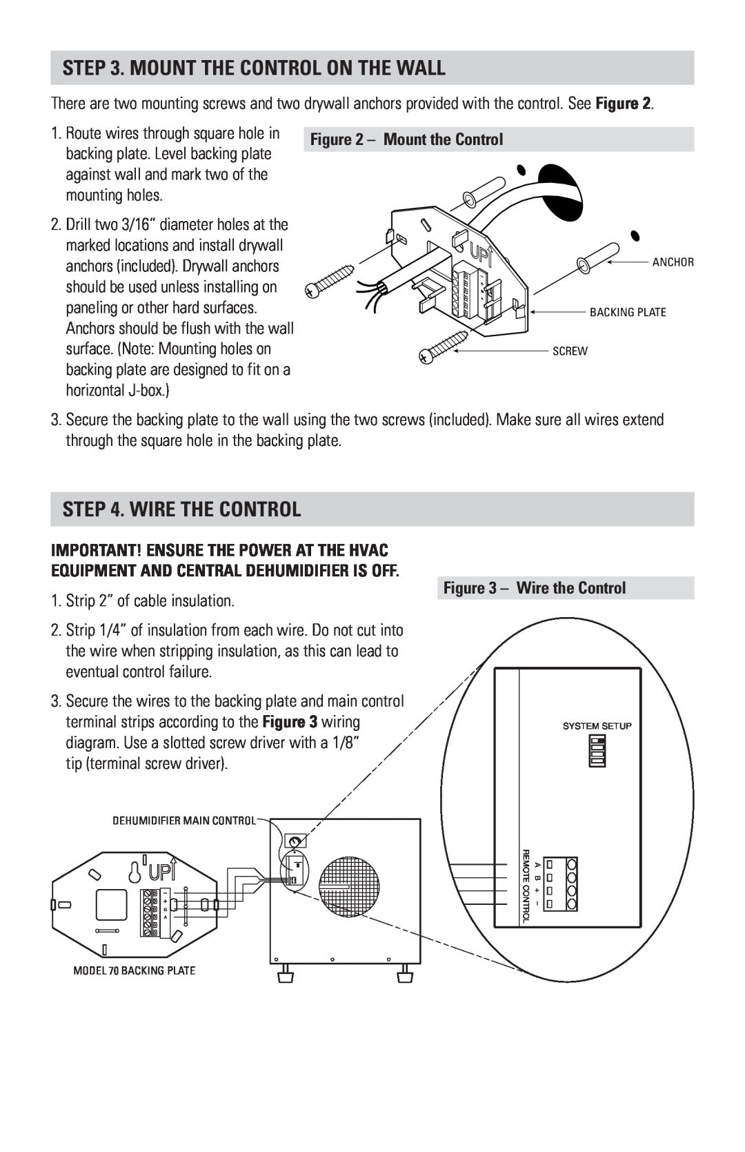 Aprilaire 70 installation manual Mount The Control On The Wall, Wire The Control, Wire the Control, Mount the Control 