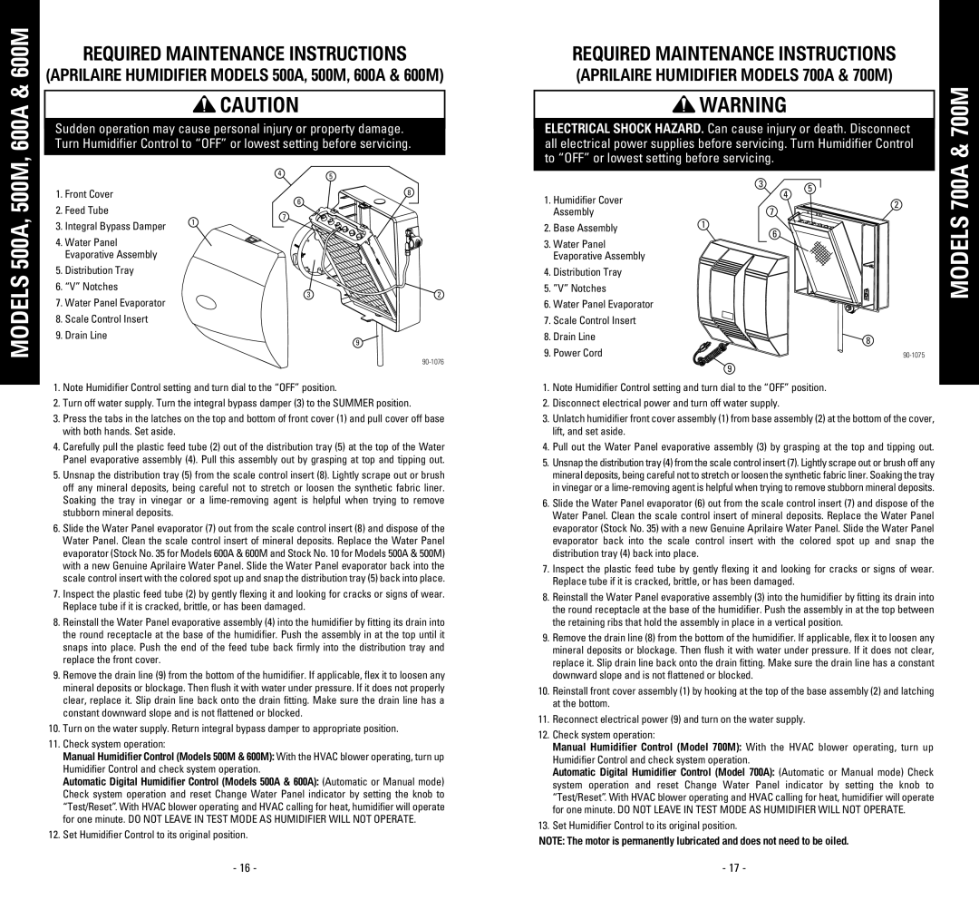 Aprilaire 500M, 700M, 400A, 350, 500A, 360, 700A owner manual 600A & 600M 