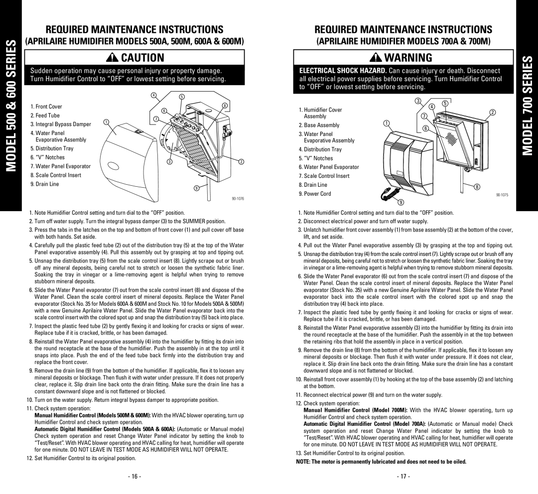 Aprilaire 600A, 700M, 500M, 600M, 400A, 500A, 700A, 400M owner manual Model 