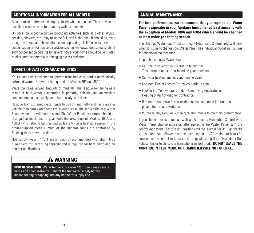 Aprilaire 400M, 700M, 500M, 600A Additional Informationfor ALL Models, Effect of Water Characteristics, Annual Maintenance 