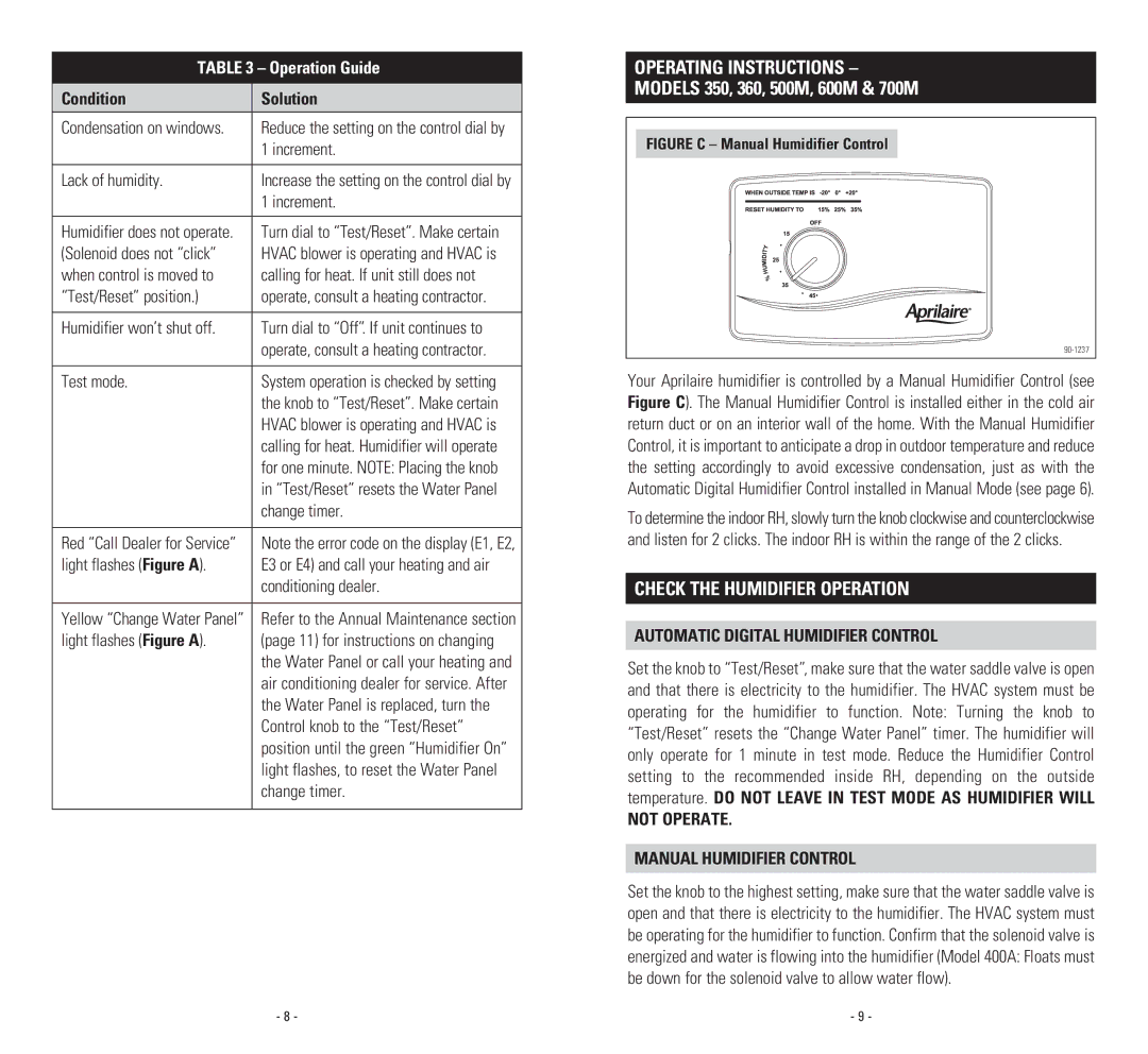 Aprilaire 700A, 700M, 500M Operating Instructions, Check the Humidifier Operation, Automatic Digital Humidifier Control 