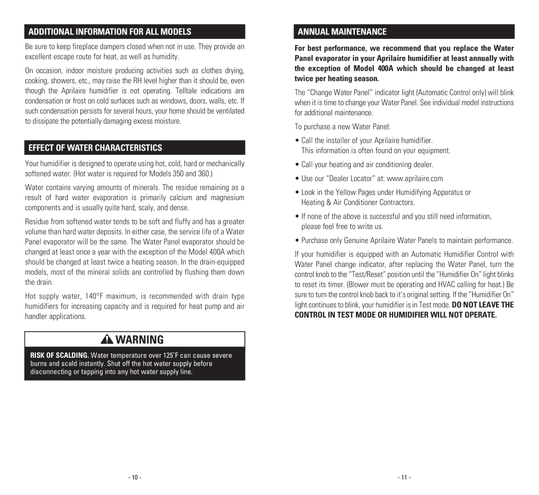 Aprilaire 700M, 500M, 600A, 600M Additional Information for ALL Models, Effect of Water Characteristics, Annual Maintenance 