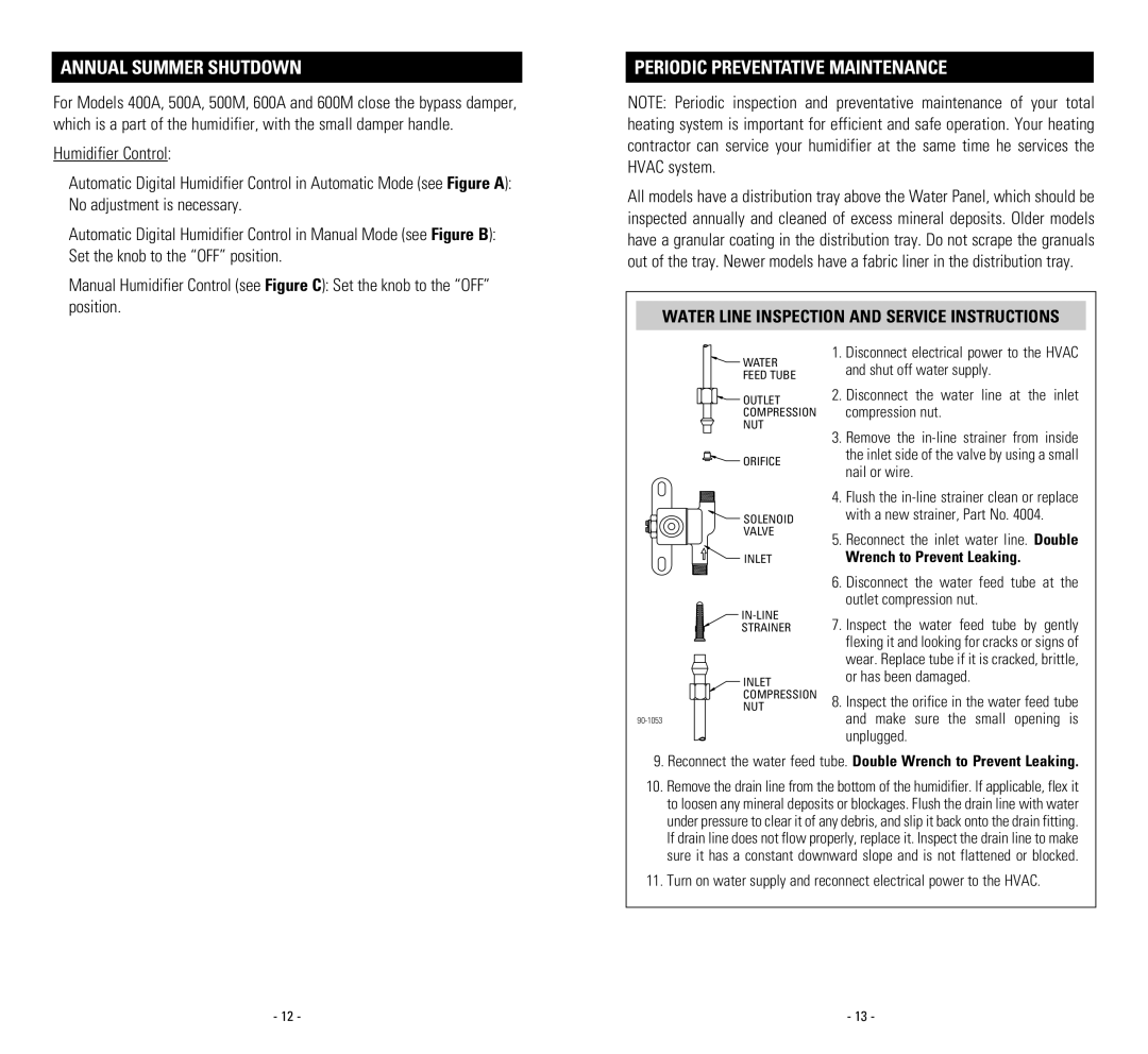 Aprilaire 500M Annual Summer Shutdown, Periodic Preventative Maintenance, Water Line Inspection and Service Instructions 