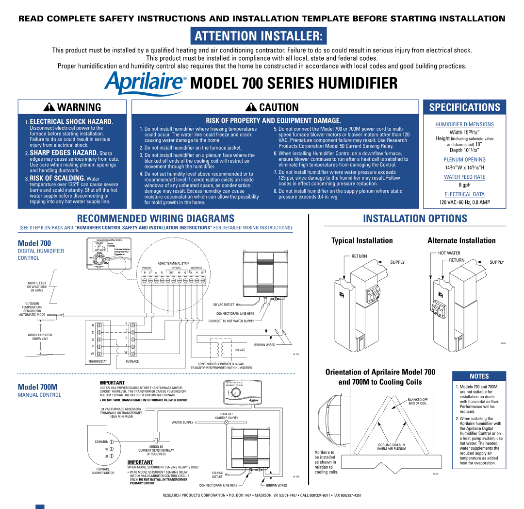 Aprilaire 700 owner manual For Models 400, 550, 600 