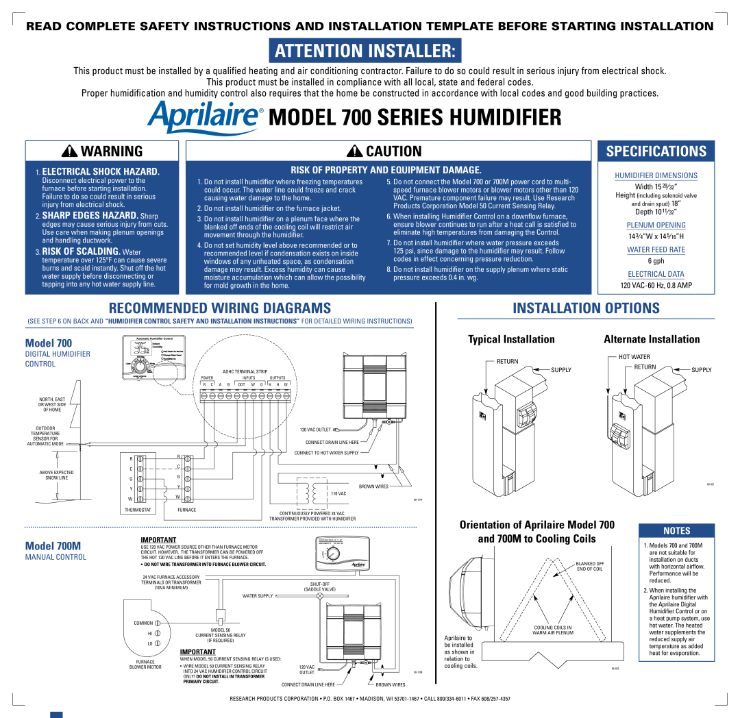 Aprilaire 500M, 700M owner manual Read And Save These Instructions, Humidifiers, For Models 350, 360, 400A, 400M, 500A 