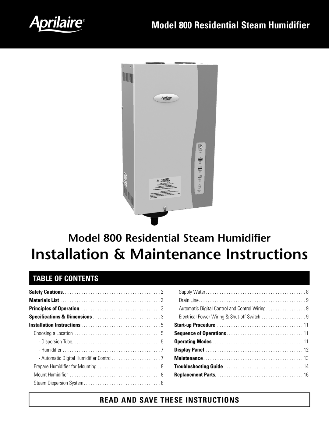 Aprilaire 800 specifications Installation & Maintenance Instructions, Table of Contents 