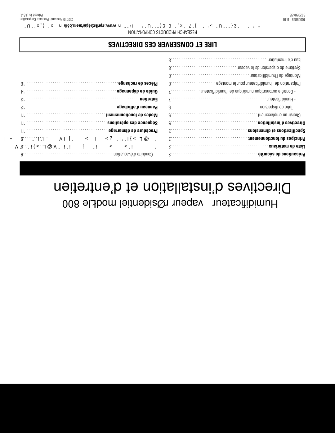 Aprilaire 800 specifications Tièr, Dinstallation Directives, Matériaux de isteL, Sécurité de Précautions 