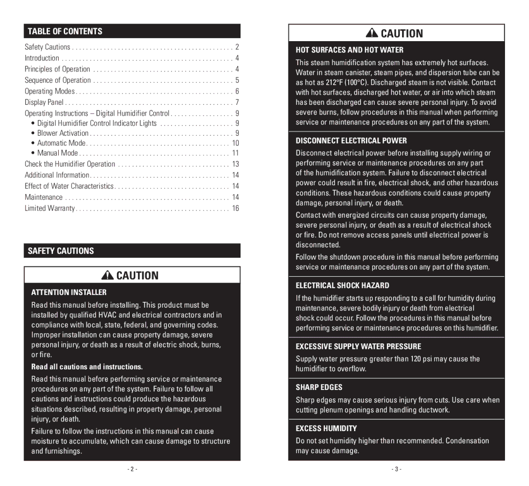 Aprilaire 800 owner manual Table of Contents, Safety Cautions 