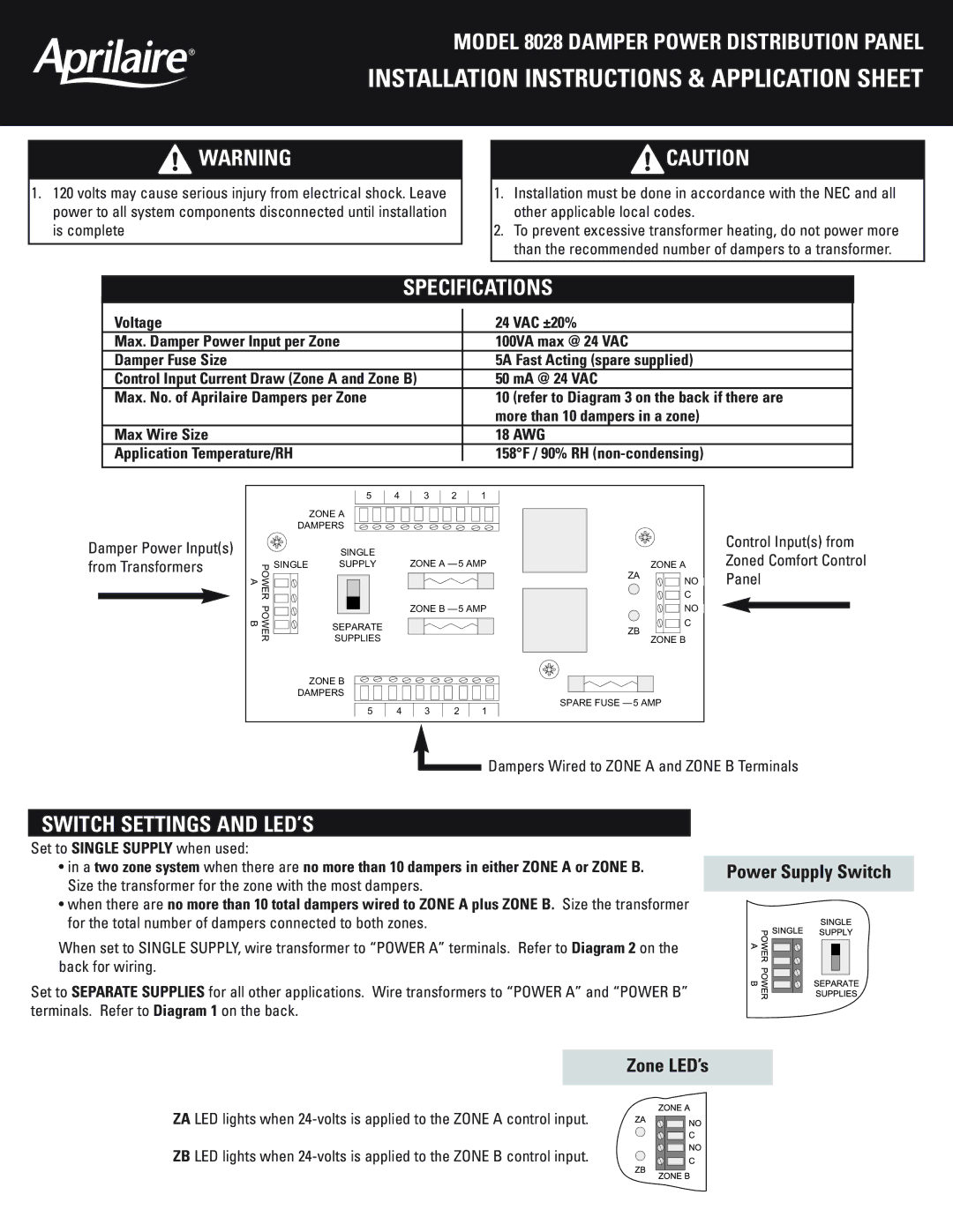 Aprilaire 8028 installation instructions Specifications, Switch Settings and LED’S, Damper Power Inputs from Transformers 